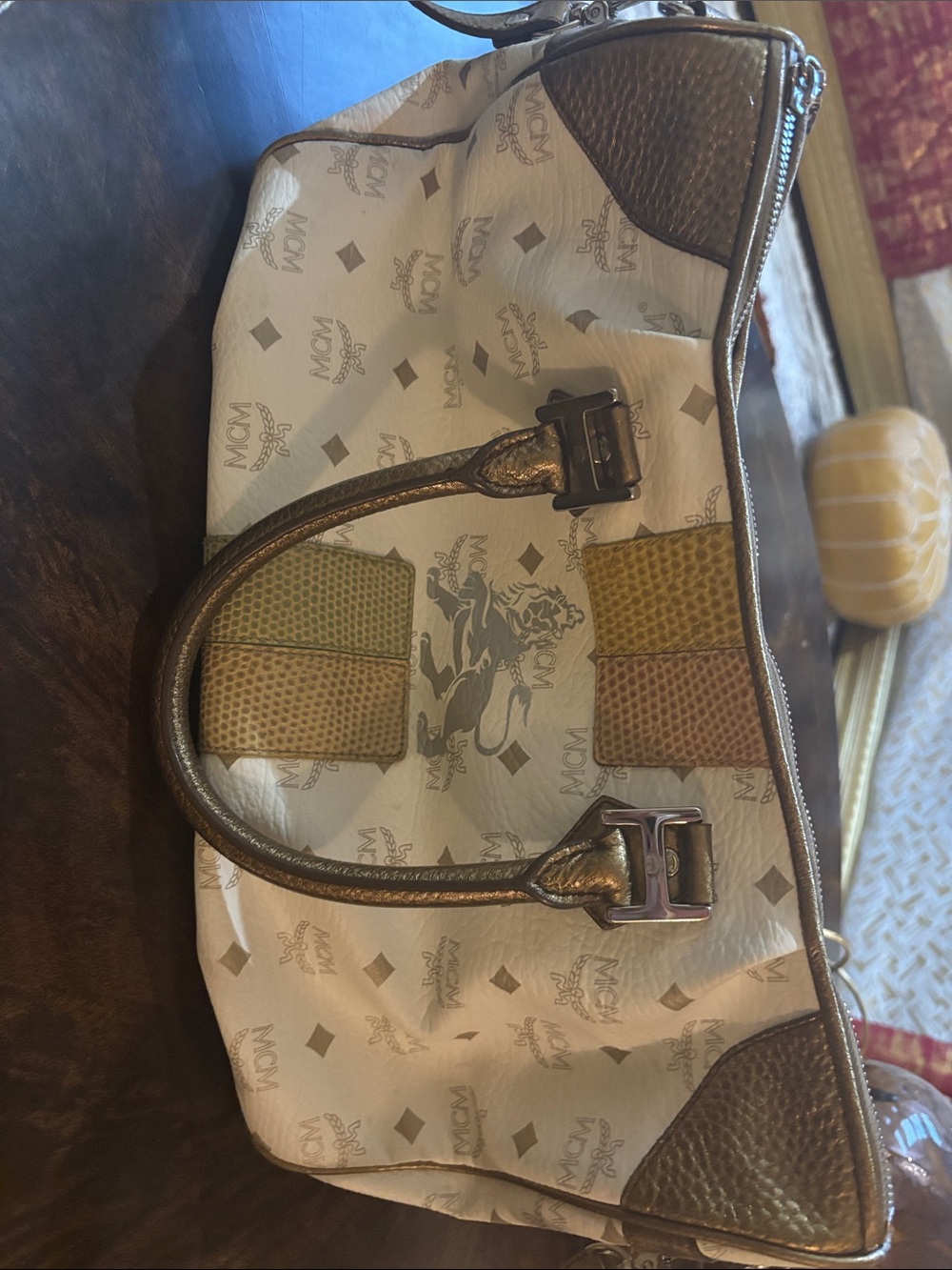 MCM White Monogram Tote with Brown Trim and Gold Handles